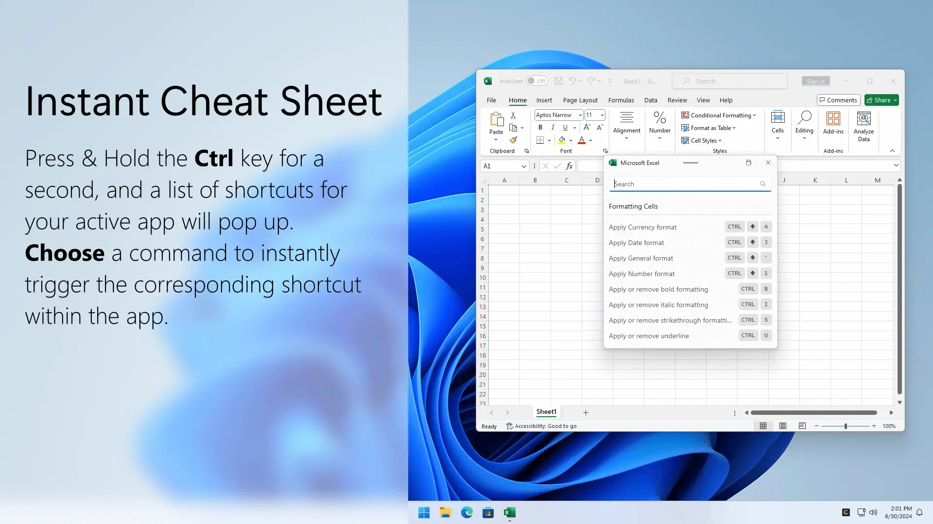 CtrlHelp cheat-sheet overlay above an active app