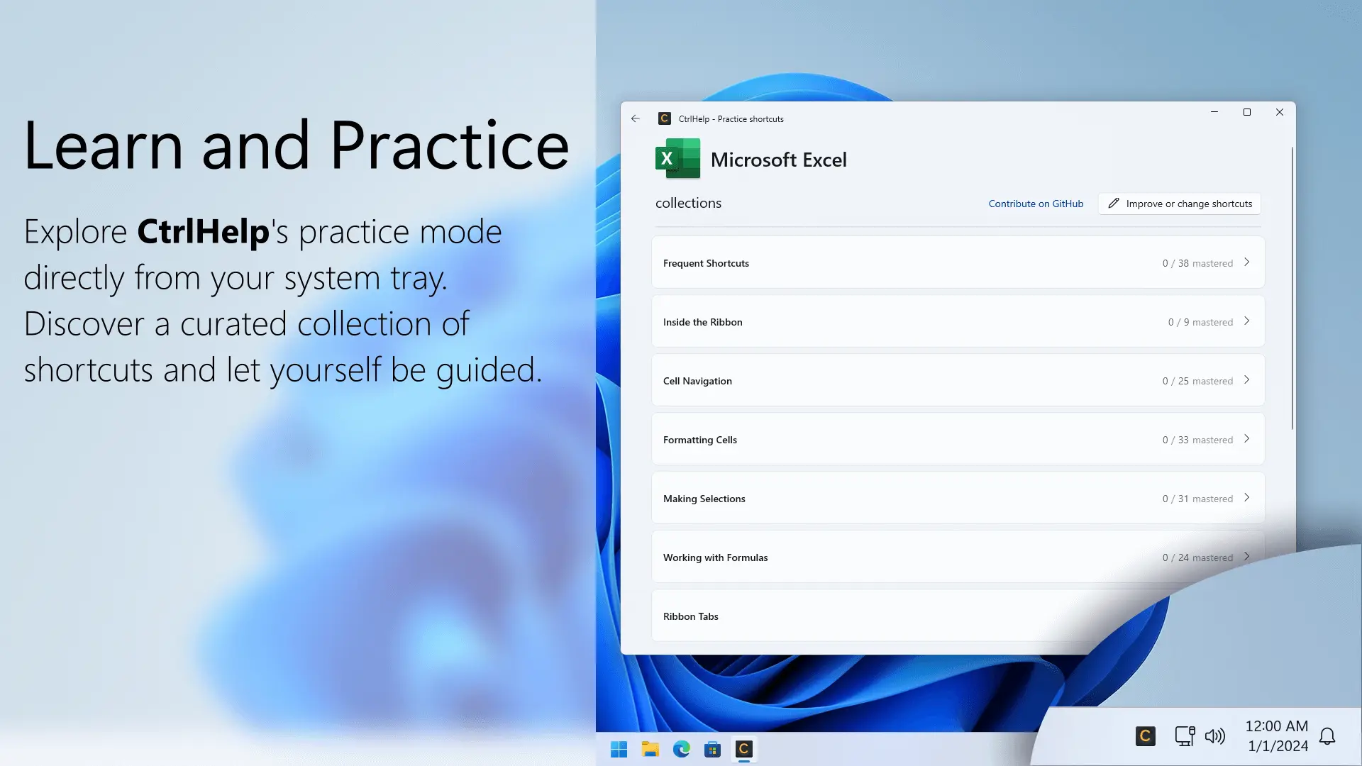 CtrlHelp practice mode showing a shortcut drill